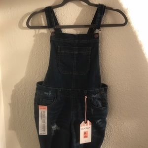 DENIM DESTRESSED SKINNY OVERALL JEANS